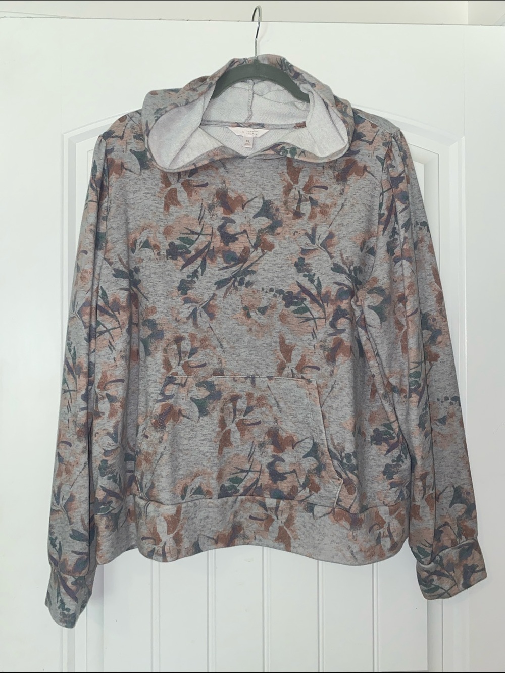 LC Lauren Conrad Light Gray Pullover Hoodie with Floral Accents size XL